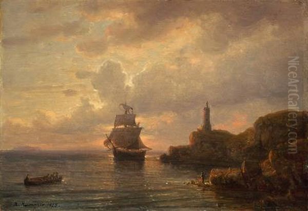 Kuste Mit Segelschiff Am Abend Oil Painting by Carl Robert Kummer