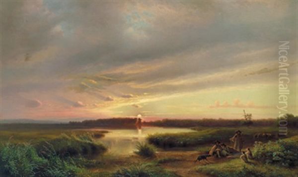 Abendlandschaft Mit Einem See Und Hirten Oil Painting by Carl Robert Kummer