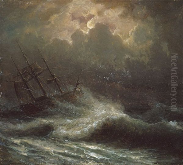 Ein Dreimaster Auf Bewegter See Bei Vollmond Oil Painting by Carl Robert Kummer