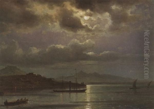 Schiffe Im Hafen Von Vigo In Galizien. Nachtstimmung Oil Painting by Carl Robert Kummer