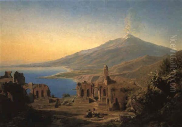 Teatro Greco, Taormina, With Etna Beyond Oil Painting by Carl Robert Kummer