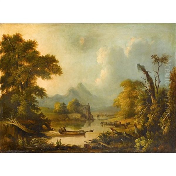 Extensive Landscape With Boaters Oil Painting by Julius Herman Kummer