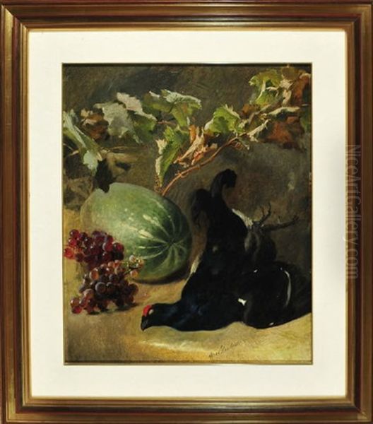 Stilleben Mit Weinlaub, Trauben, Melone Und Erlegtem Schwarzhuhn Oil Painting by Hans Kundmueller