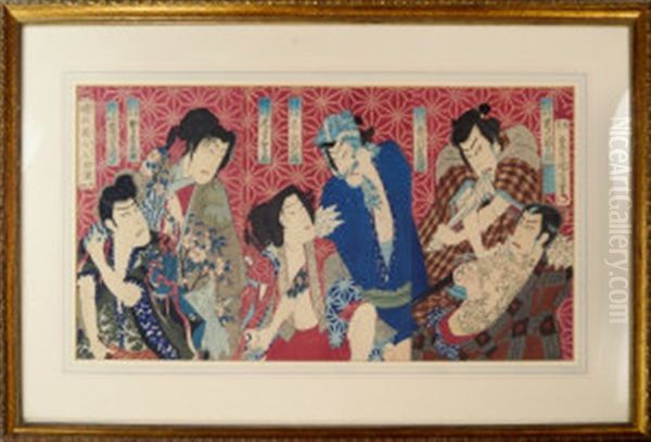 Kabuki Actors (triptychs) (3 Works) Oil Painting by  Kunichika