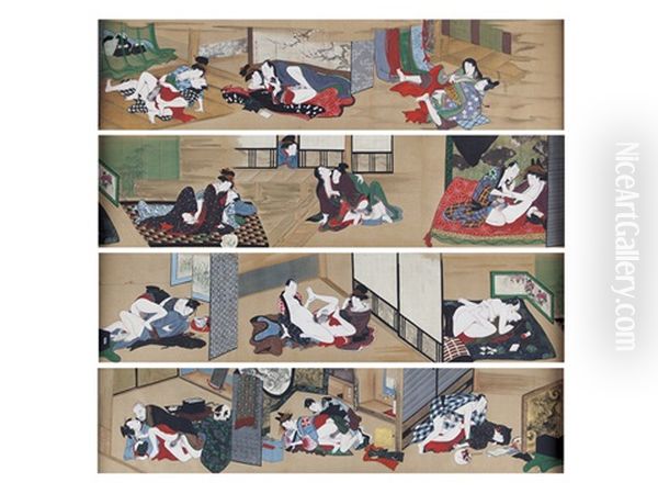 Shunga Scroll Oil Painting by Utagawa Kunihisa