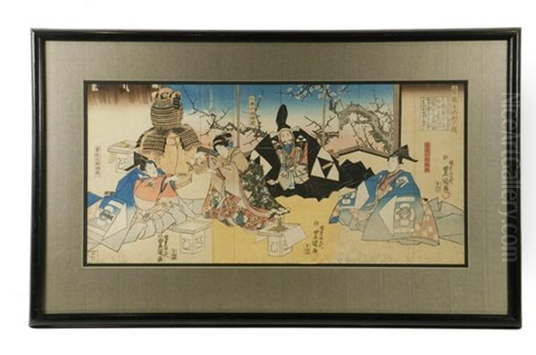 Interior With Tea Ceremony For Samurai And His Family Oil Painting by Utagawa Kunisada