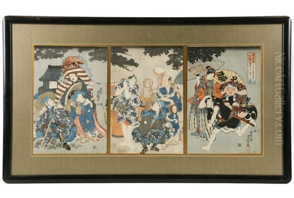 Triptych Of A Traveling Troupe Of Entertainers Caught In A Sudden Rainstorm Oil Painting by Utagawa Kunisada