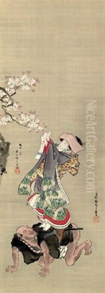 Beauty Hanging A Poem Slip From A Cherry Branch (collab. W/hanabusa Ikkei) Oil Painting by Utagawa Kunisada