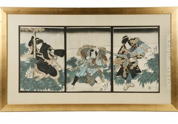 Yakusha-e Triptych Of Scene From The Kabuki Theatre Oil Painting by Utagawa Kuniyoshi