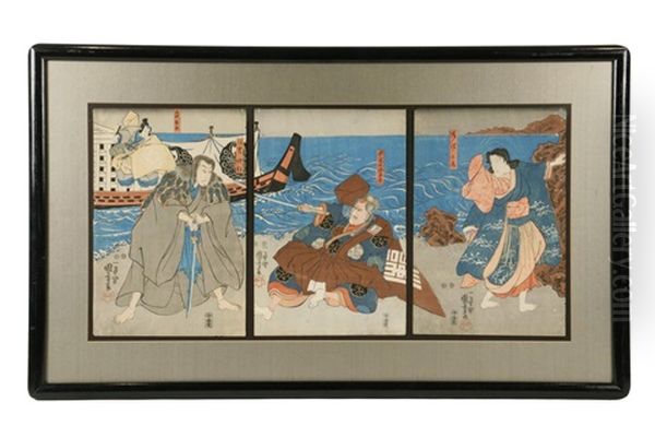 Yakusha-e Triptych Of Scene From The Kabuki Theatre Oil Painting by Utagawa Kuniyoshi