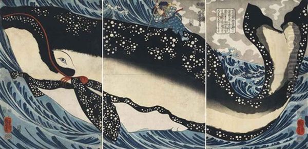 Miyamoto No Musashi Attacking The Giant Whale (triptych) Oil Painting by Utagawa Kuniyoshi