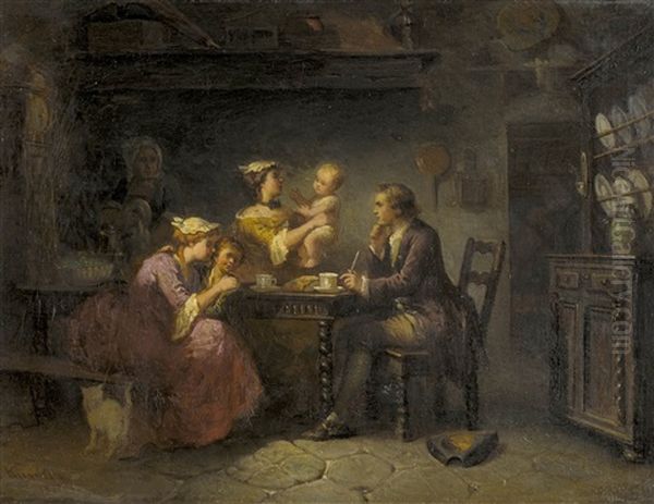 Familie Beim Fruhstuck Oil Painting by Jean-Jules Adrien Kunkler