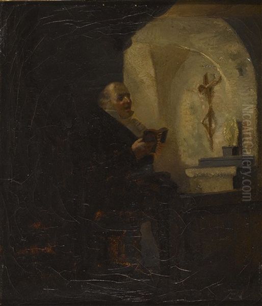 Betender Herr In Einer Kapelle Oil Painting by Jean-Jules Adrien Kunkler