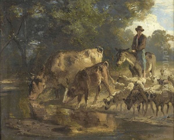 Reitender Hirte Mit Kuhen Und Schafen Oil Painting by Jean-Jules Adrien Kunkler