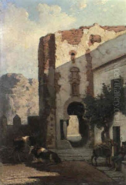 Mittagsrast Vor Einer Spanischen Stadt Oil Painting by Jean-Jules Adrien Kunkler