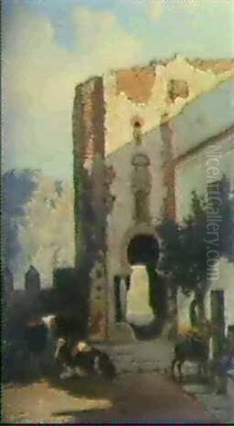 Mittagsruhe In Einer Spanischen Stadt Oil Painting by Jean-Jules Adrien Kunkler