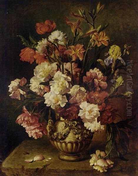 Summer Flowers In An Urn Oil Painting by Ludwig Adam Kunst