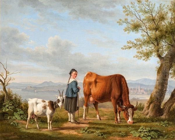 Young Herdswoman With A Cow And A Goat, Standing At A Lakeside Oil Painting by Karl Kuntz