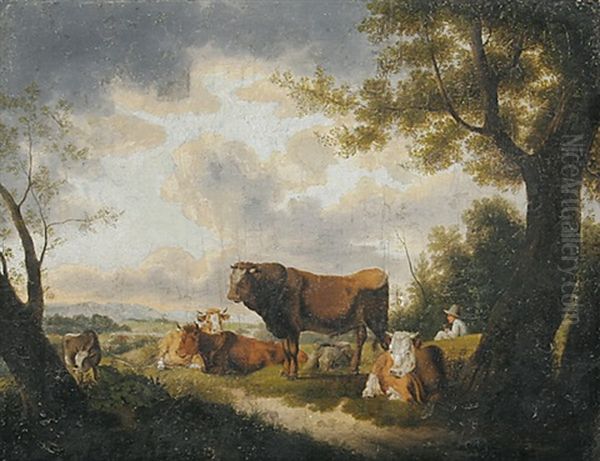 Landschaft Mit Hirte, Rindern Und Ziege Oil Painting by Karl Kuntz