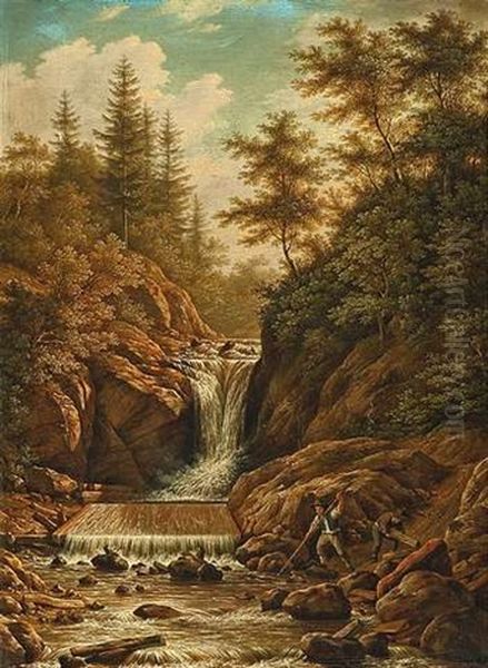 Baumgesaumter Felsiger Flusslauf, Im Vordergrund Bergen Waldarbeiter Holzstamme Aus Dem Wasser Oil Painting by Karl Kuntz