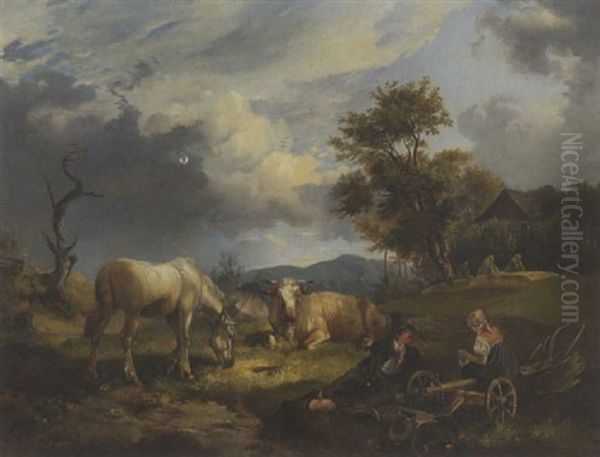 Rastendes Bauernpaar Auf Der Weide Oil Painting by Karl Kuntz