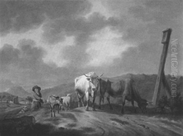 Junger Hirte Mit Hund Und Herde Auf Einem Feldweg  In Bergiger Landschaft Oil Painting by Karl Kuntz