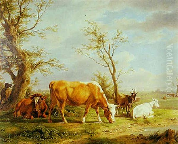 Weidende Kuhe Und Ziegen In Einer Baumbestandenen Wiesenlandschaft Oil Painting by Karl Kuntz