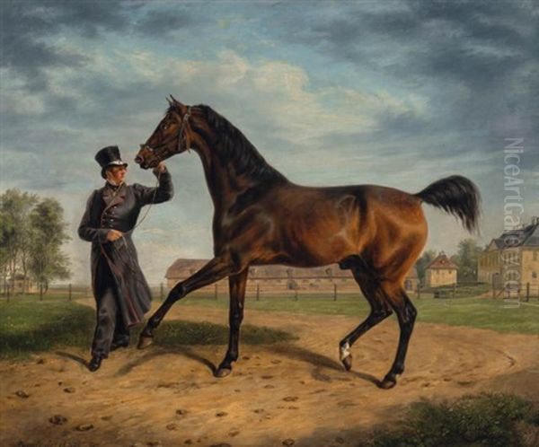 A Horse With His Groom In Fancy Dress Oil Painting by Rudolf Kuntz