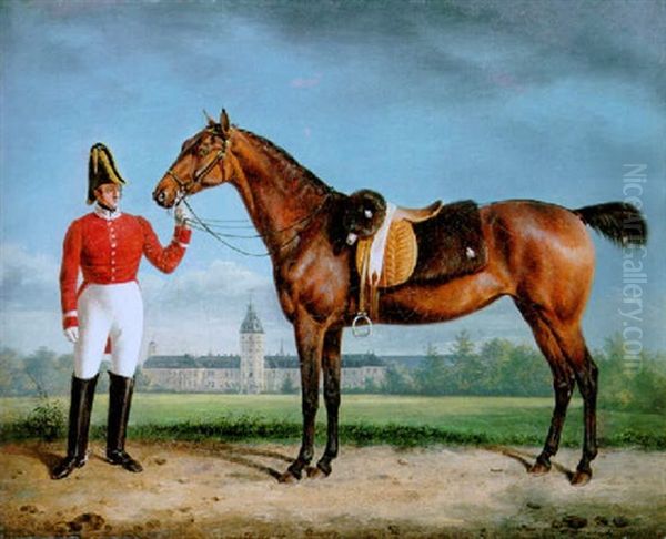 Ein Pferd Aus Dem Grossherzoglichen Badischen Marstall, Von Einem Bereiter Gefuhrt, Im Hintergrund Das Karlsruher Residenzschloss Oil Painting by Rudolf Kuntz