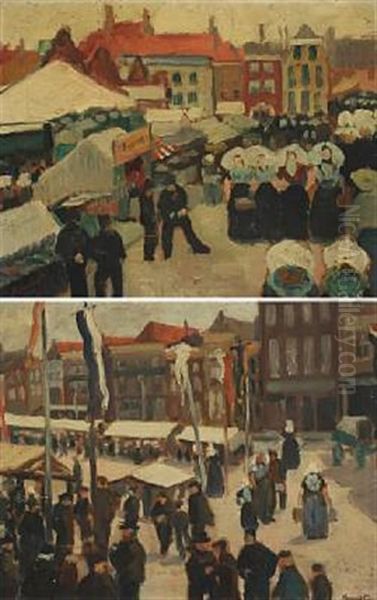 Dutch Cityscapes (2 Works) Oil Painting by Caesar Kunwald