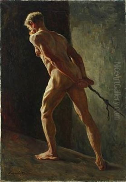 Study Of Male Model Oil Painting by Caesar Kunwald