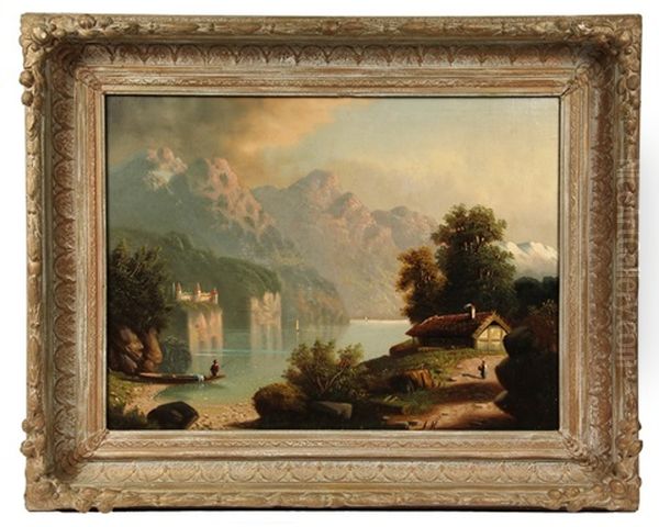 Alpine Lake Scene Oil Painting by August Kunz