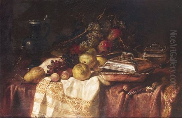 Fruit Still Life With Silver Vessels And Glass Oil Painting by Ludwig Adam Kunz