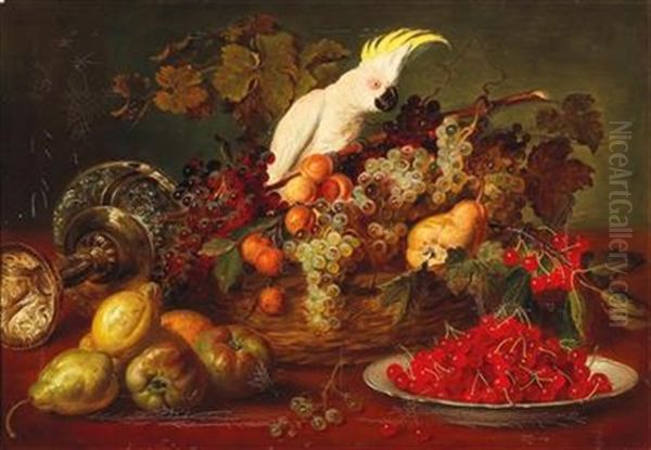 Large Still Life With Cockatoo Oil Painting by Ludwig Adam Kunz