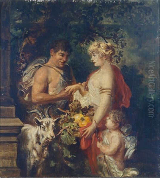 Faun Und Nymphe Im Vordergrund Ziegenbock Und Amorette Oil Painting by Ludwig Adam Kunz