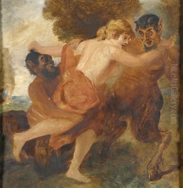 Zwei Faune Mit Einer Nymphe Oil Painting by Ludwig Adam Kunz