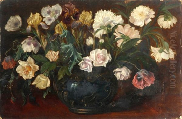 Stilleben Mit Rosen, Lilien Und Mohn In Einer Kugelvase Oil Painting by Ludwig Adam Kunz