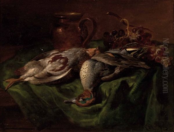 Stillleben Mit Jagdbeute, Krug Und Weintrauben Oil Painting by Ludwig Adam Kunz