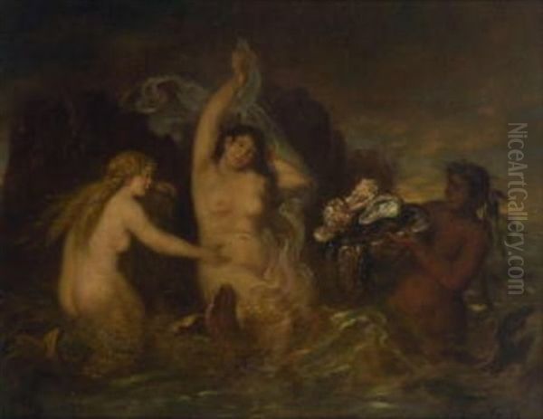 Die Gaben Des Meeres Werden Zwei Meerjungfrauen Von Einem Mannlichen Wasserwesen Prasentiert Oil Painting by Ludwig Adam Kunz