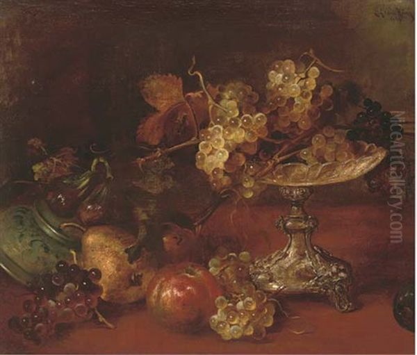 Grapes On A Silver Tazza Alongside Figs, Pears And An Apple On An Upturned Plate by Ludwig Adam Kunz