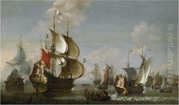 The Dutch Flagship The 'seven Provinces' And Other Shipping Beforethe Town Of Vlissingen Oil Painting by Johannes Becx