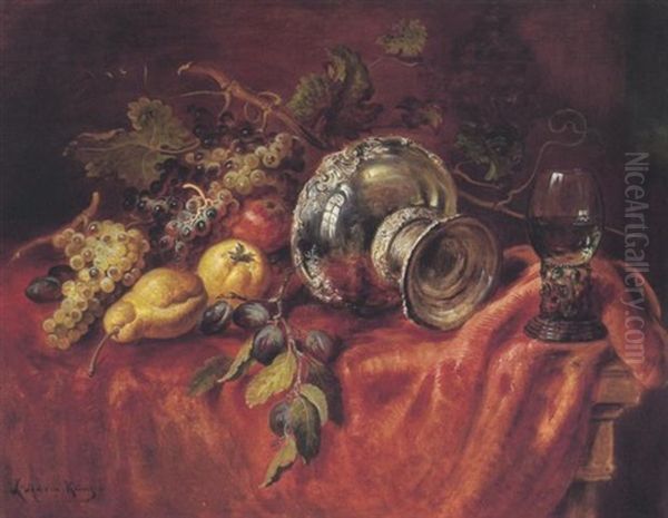 Reiches Stilleben Mit Weintrauben, Birnen, Zwetschken Und Silberschale Oil Painting by Ludwig Adam Kunz