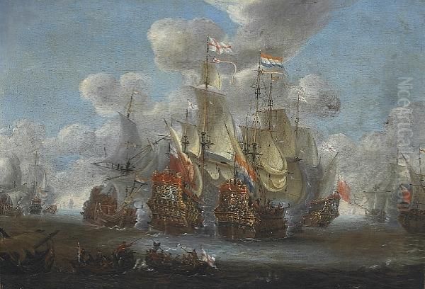 A Naval Engagement Oil Painting by Johannes Becx