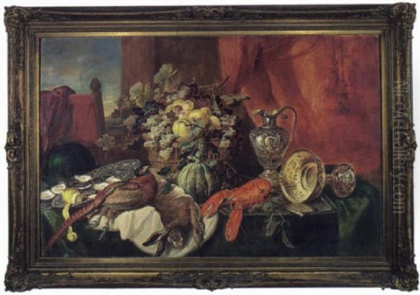 Stilleben Mit Silbergeschirr, Fruchten, Austern, Wild Und Hummer Oil Painting by Ludwig Adam Kunz