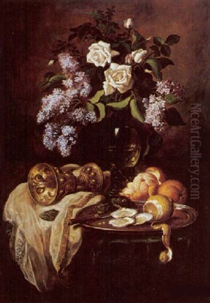 Still Life With Flowers, Citrus, Oysters And Two Wine Chalices Oil Painting by Ludwig Adam Kunz