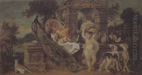 Putto Mit Fruchtekorb Vor Einen Barocken Pavillon In Bewaldeter Parklandschaft Oil Painting by Ludwig Adam Kunz