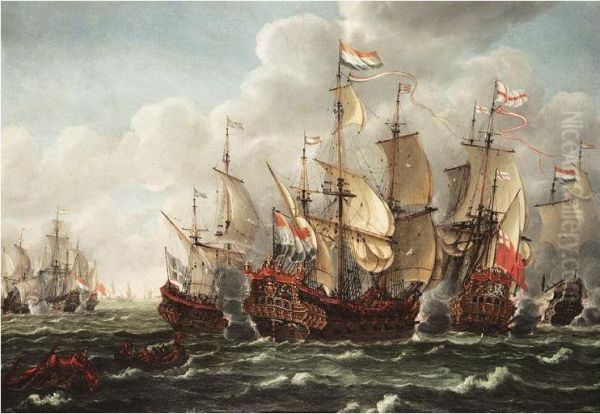 The Battle Of Texel, 1673 - Admiral De Ruyter's Flagship ``seven Provinces' Engaging Prince Rupert's Flagship ``royal Sovereign' Oil Painting by Johannes Becx