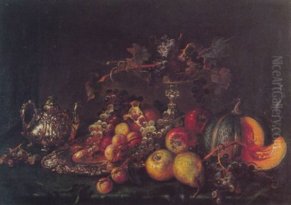 Fruchtestilleben Mit Silberkanne Oil Painting by Ludwig Adam Kunz