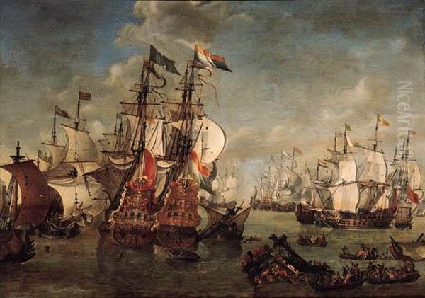 A Naval Engagement Oil Painting by Johannes Becx