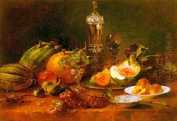 Stilleben Mit Melonen Und Pfirsichen Oil Painting by Ludwig Adam Kunz